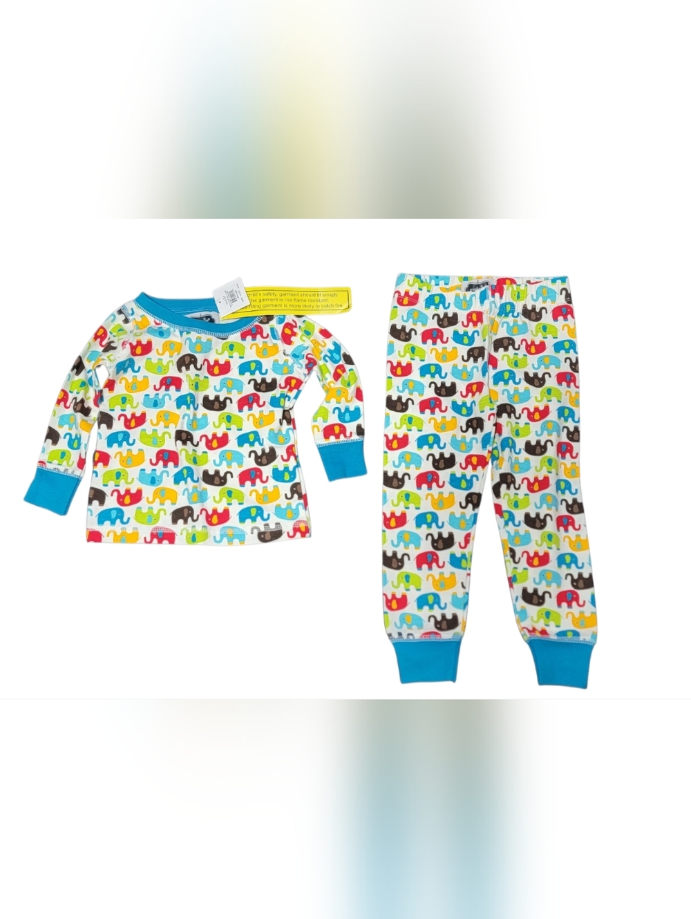 Maple - Multicolor Elephant Print Pajama Set with Blue Trim - 12-18 Months